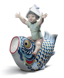 Porcelánszobor gyermek és hal